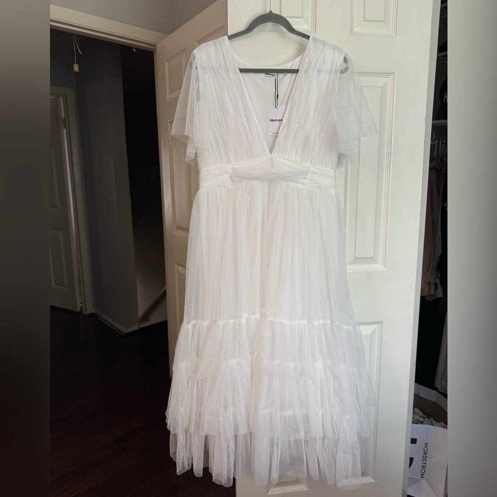 Showpo Jiraye Flutter Sleeve Plunge Midi Dress | White 14